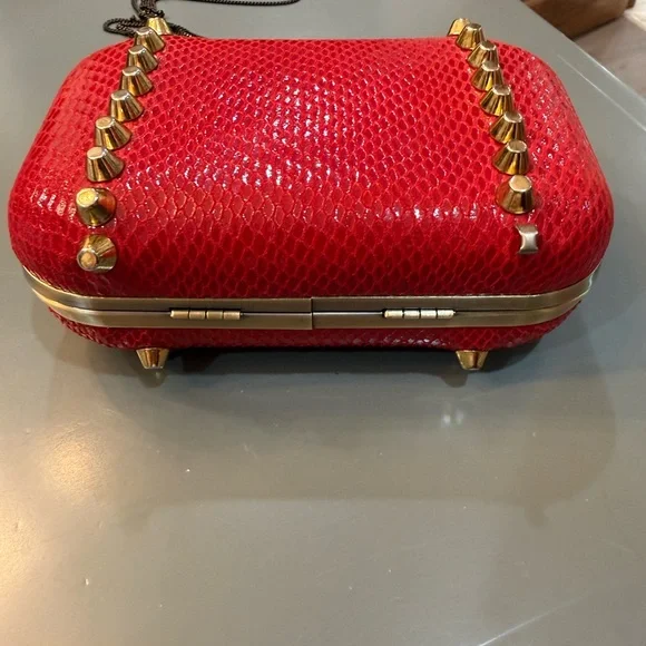 House of Harlow 1960 Red Snake-Texture Studded Clutch with Chain - Picture 4 of 6